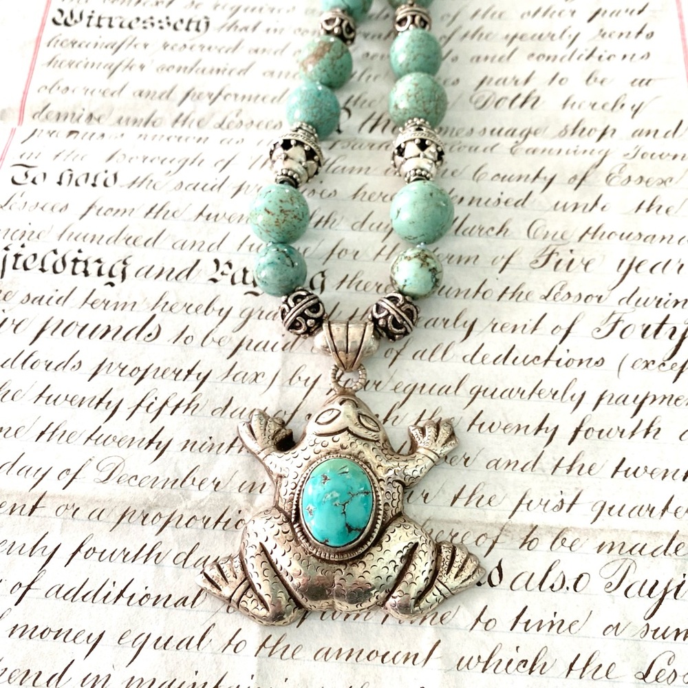 Stunning Silver & Turquoise Frog Beaded Necklace 20”